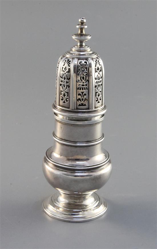 A George I baluster silver caster, 7in. 10.8oz - foot cracked, no mark on cover